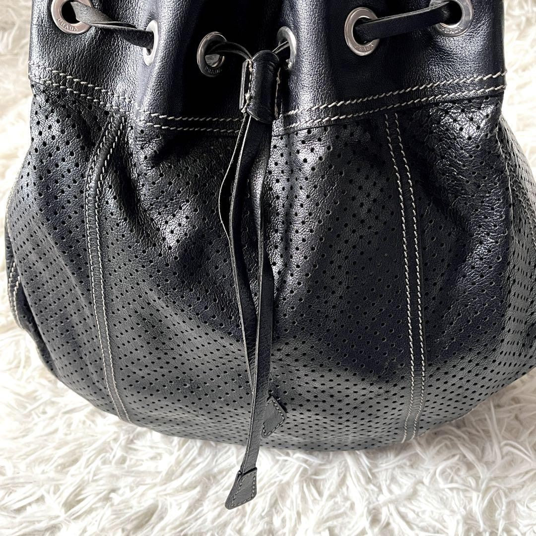 PRADA Shoulder Bag Purse Perforated Leather Black Authentic