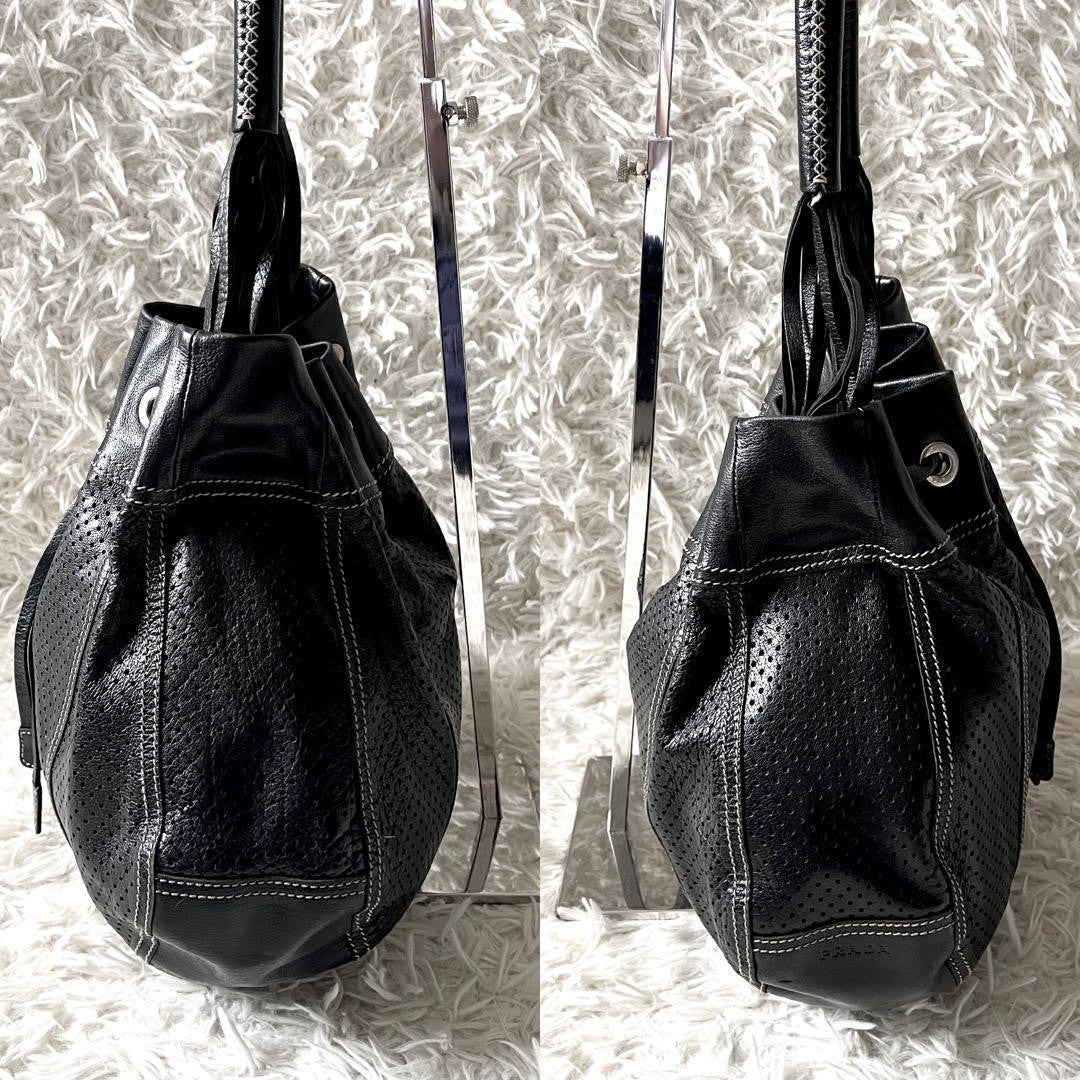 PRADA Shoulder Bag Purse Perforated Leather Black Authentic