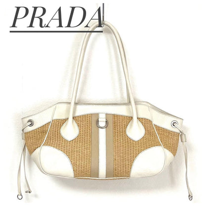 PRADA Hand Bag Tote Purse Cotton Viscose Leather Natural Off White Authentic