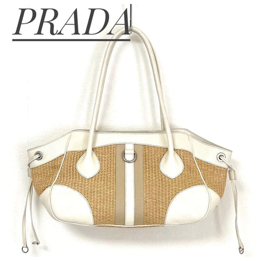 PRADA Hand Bag Tote Purse Cotton Viscose Leather Natural Off White Authentic