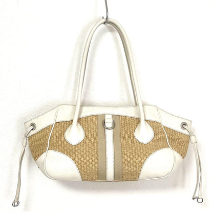 PRADA Hand Bag Tote Purse Cotton Viscose Leather Natural Off White Authentic