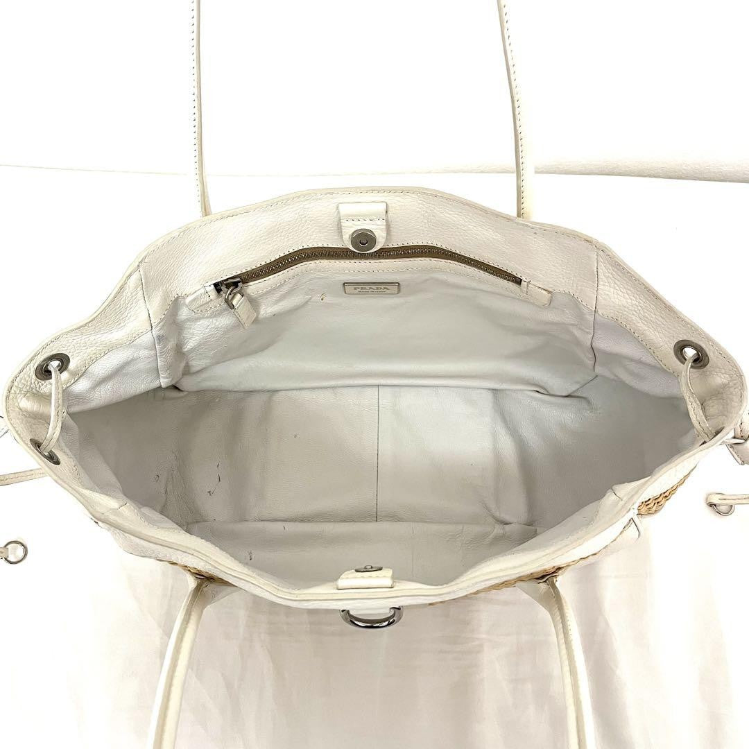 PRADA Hand Bag Tote Purse Cotton Viscose Leather Natural Off White Authentic