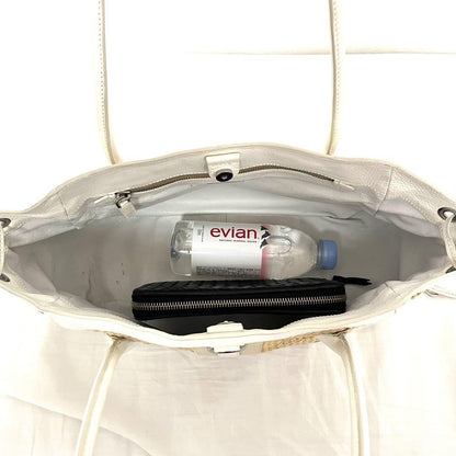 PRADA Hand Bag Tote Purse Cotton Viscose Leather Natural Off White Authentic