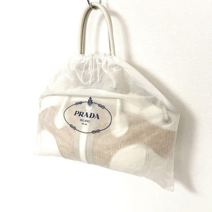PRADA Hand Bag Tote Purse Cotton Viscose Leather Natural Off White Authentic