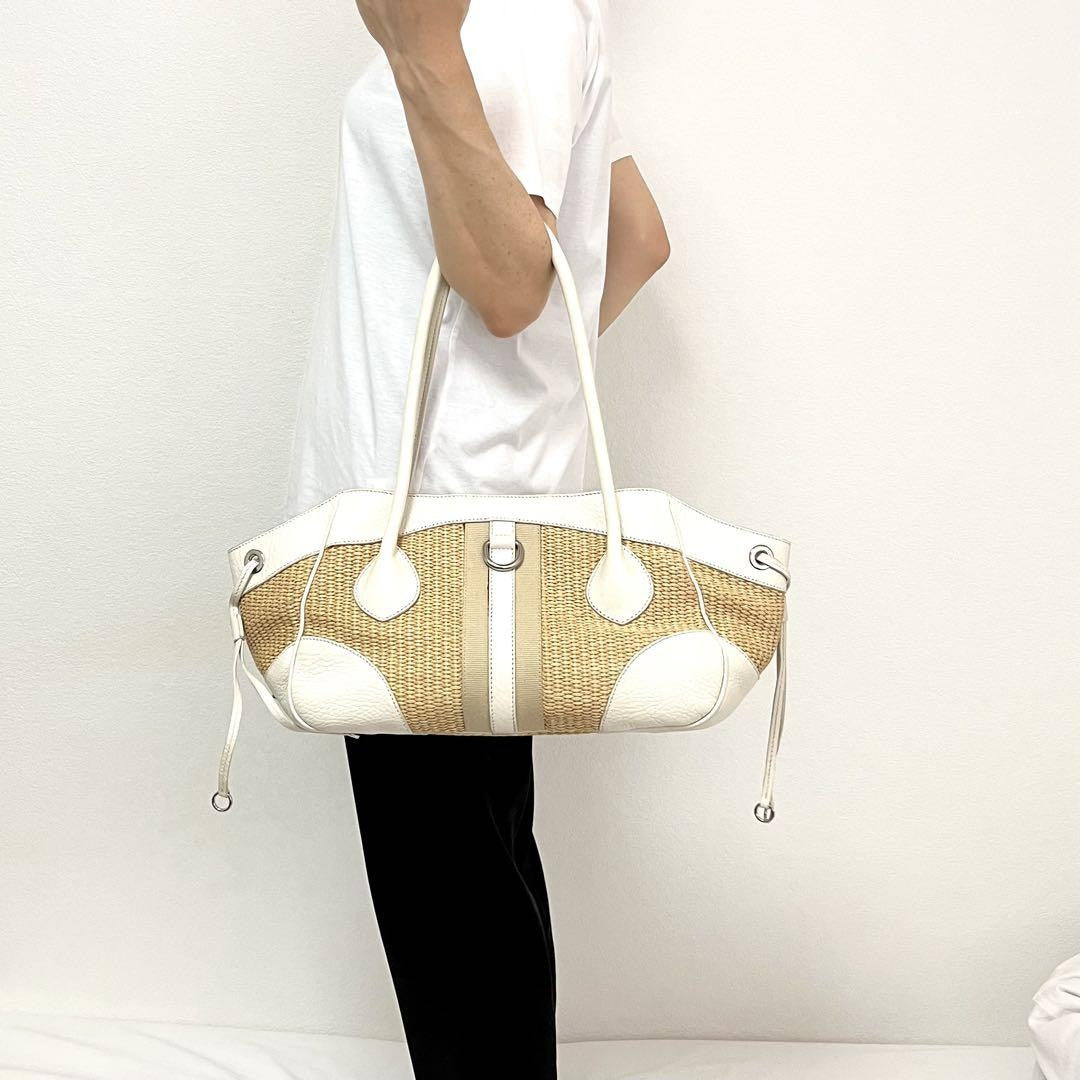 PRADA Hand Bag Tote Purse Cotton Viscose Leather Natural Off White Authentic