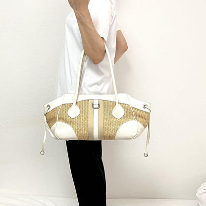 PRADA Hand Bag Tote Purse Cotton Viscose Leather Natural Off White Authentic