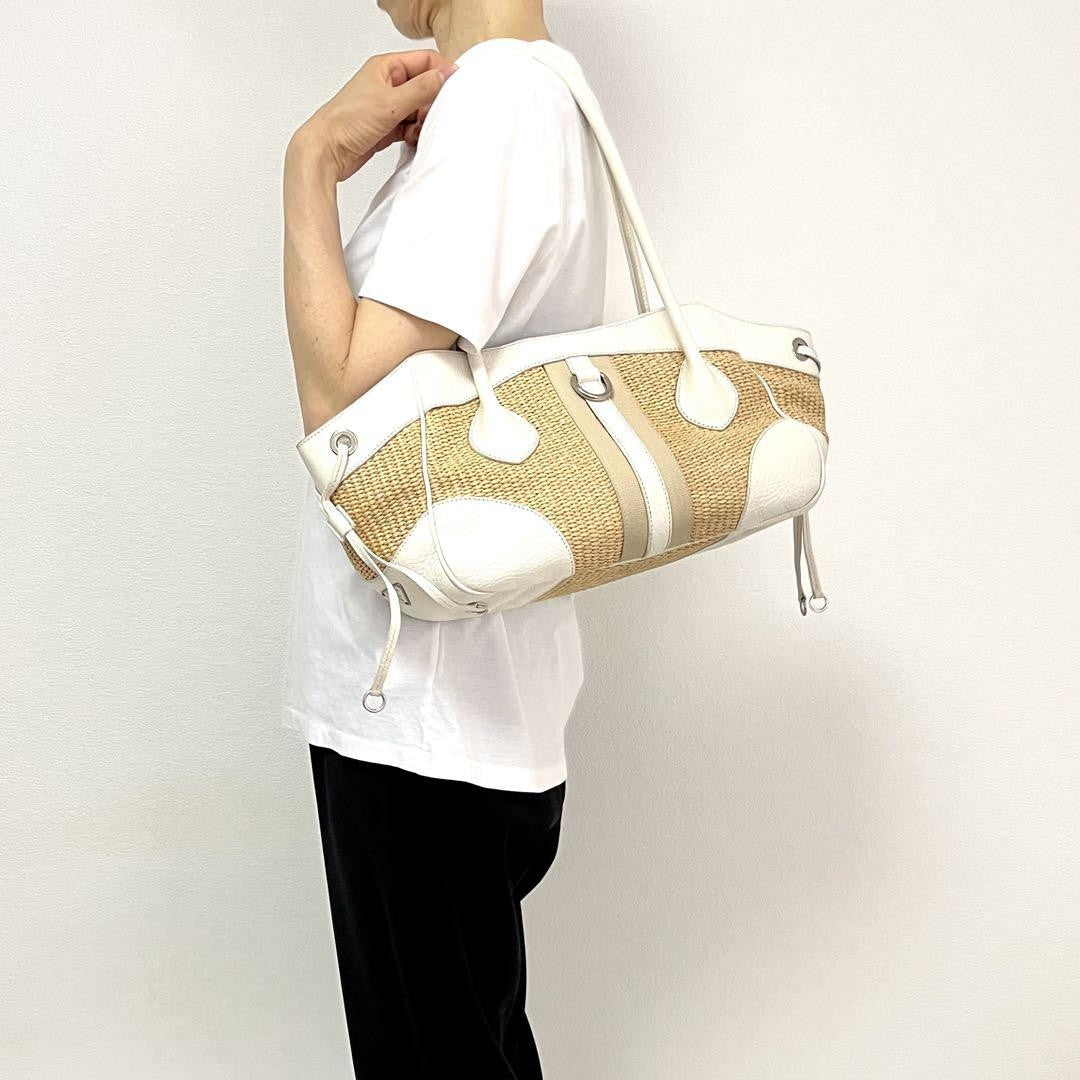 PRADA Hand Bag Tote Purse Cotton Viscose Leather Natural Off White Authentic
