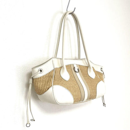 PRADA Hand Bag Tote Purse Cotton Viscose Leather Natural Off White Authentic