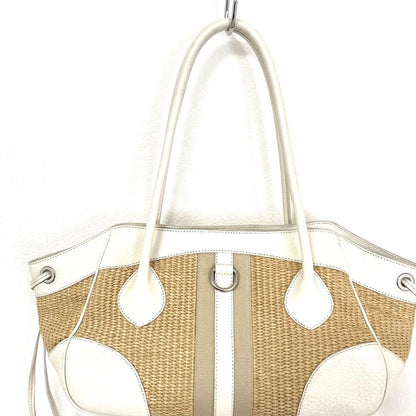 PRADA Hand Bag Tote Purse Cotton Viscose Leather Natural Off White Authentic