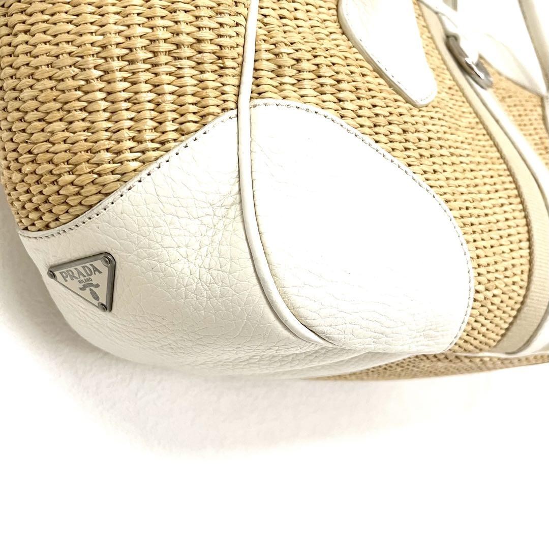 PRADA Hand Bag Tote Purse Cotton Viscose Leather Natural Off White Authentic