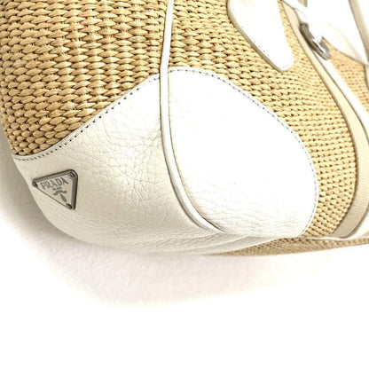 PRADA Hand Bag Tote Purse Cotton Viscose Leather Natural Off White Authentic