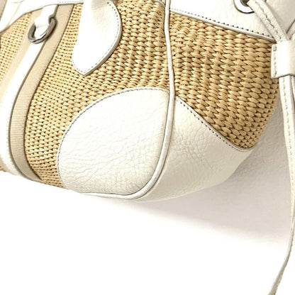 PRADA Hand Bag Tote Purse Cotton Viscose Leather Natural Off White Authentic