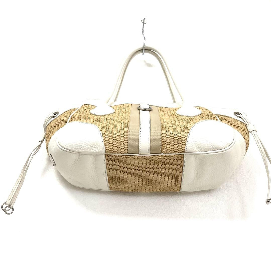 PRADA Hand Bag Tote Purse Cotton Viscose Leather Natural Off White Authentic