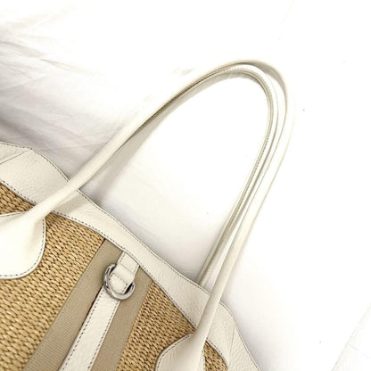 PRADA Hand Bag Tote Purse Cotton Viscose Leather Natural Off White Authentic