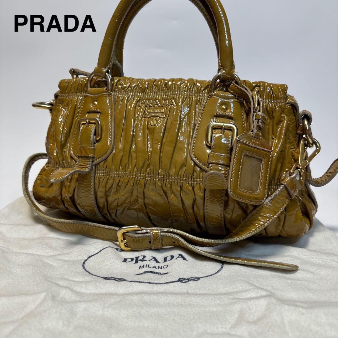 PRADA Hand Shoulder Bag Tote Purse 2way Patent Leather Brown Beige Authentic