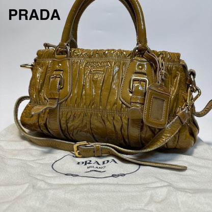PRADA Hand Shoulder Bag Tote Purse 2way Patent Leather Brown Beige Authentic