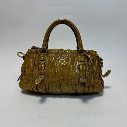 PRADA Hand Shoulder Bag Tote Purse 2way Patent Leather Brown Beige Authentic