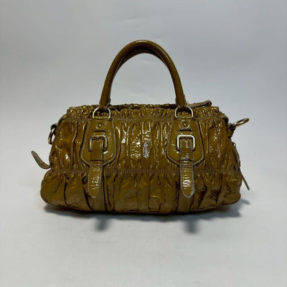 PRADA Hand Shoulder Bag Tote Purse 2way Patent Leather Brown Beige Authentic