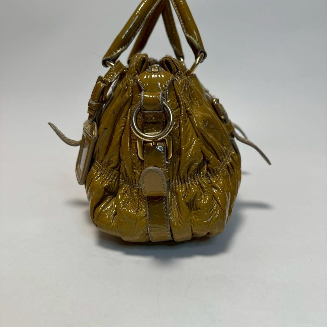 PRADA Hand Shoulder Bag Tote Purse 2way Patent Leather Brown Beige Authentic