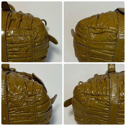 PRADA Hand Shoulder Bag Tote Purse 2way Patent Leather Brown Beige Authentic