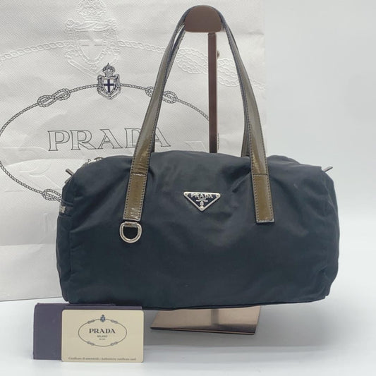 PRADA Hand Bag Tote Purse Logo Nylon Patent Leather Black Brown Khaki Authentic