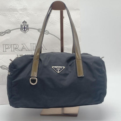 PRADA Hand Bag Tote Purse Logo Nylon Patent Leather Black Brown Khaki Authentic