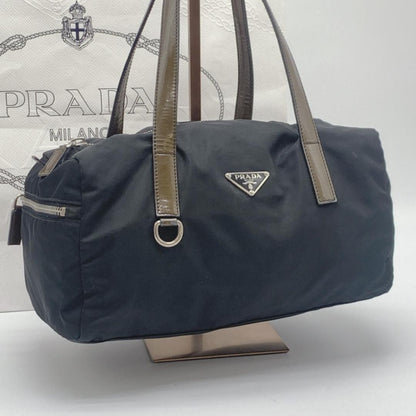 PRADA Hand Bag Tote Purse Logo Nylon Patent Leather Black Brown Khaki Authentic