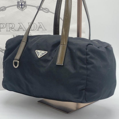 PRADA Hand Bag Tote Purse Logo Nylon Patent Leather Black Brown Khaki Authentic