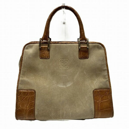 LOEWE Hand Bag Tote Purse Anagram Suede Leather Beige Light Brown Authentic