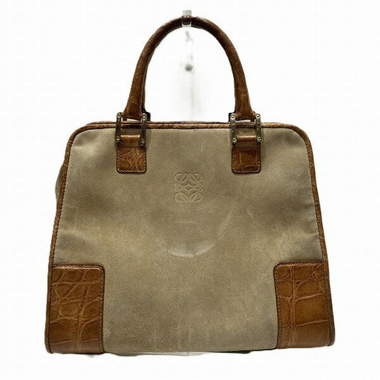 LOEWE Hand Bag Tote Purse Anagram Suede Leather Beige Light Brown Authentic