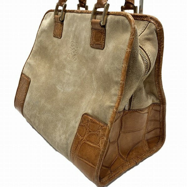 LOEWE Hand Bag Tote Purse Anagram Suede Leather Beige Light Brown Authentic