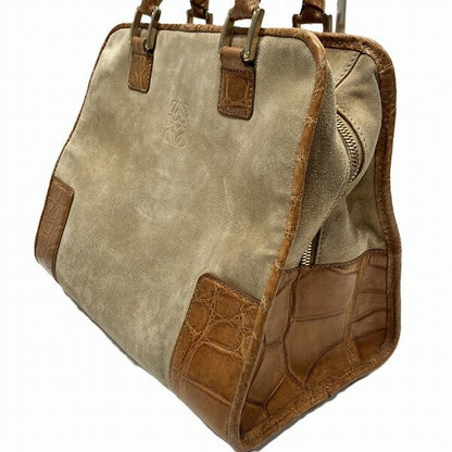 LOEWE Hand Bag Tote Purse Anagram Suede Leather Beige Light Brown Authentic