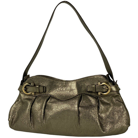 Salvatore Ferragamo Shoulder Bag Purse Gancini Leather Gold Authentic