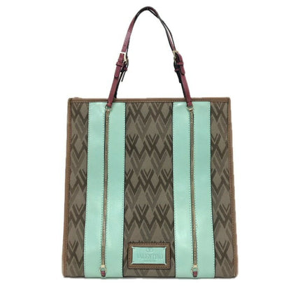 Valentino Garavani Hand Bag Tote Purse Canvas Leather Brown Mint Authentic