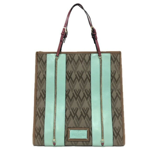 Valentino Garavani Hand Bag Tote Purse Canvas Leather Brown Mint Authentic