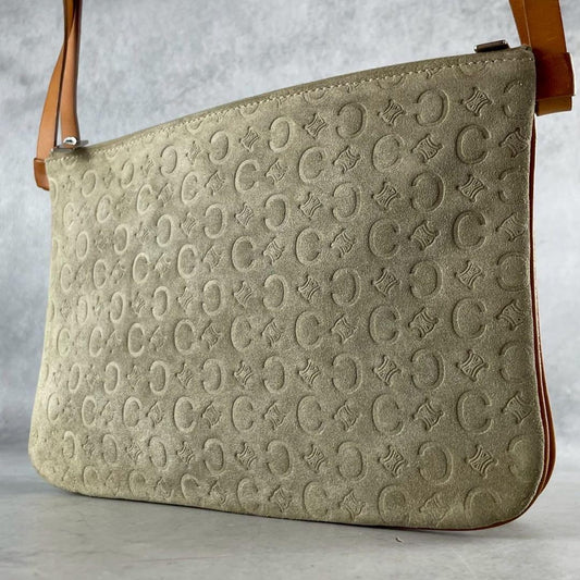 CELINE Shoulder Bag Purse 2way C Macadam Suede Leather Beige Brown Authentic