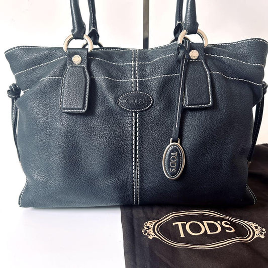TOD'S Hand Bag Tote Purse Leather Dark Navy Authentic