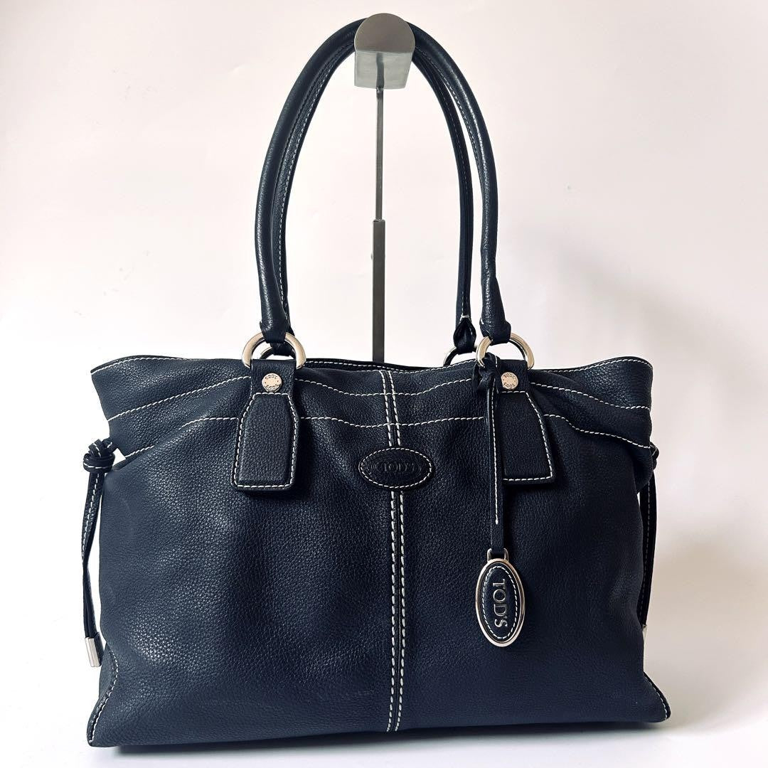 TOD'S Hand Bag Tote Purse Leather Dark Navy Authentic