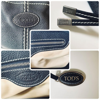 TOD'S Hand Bag Tote Purse Leather Dark Navy Authentic