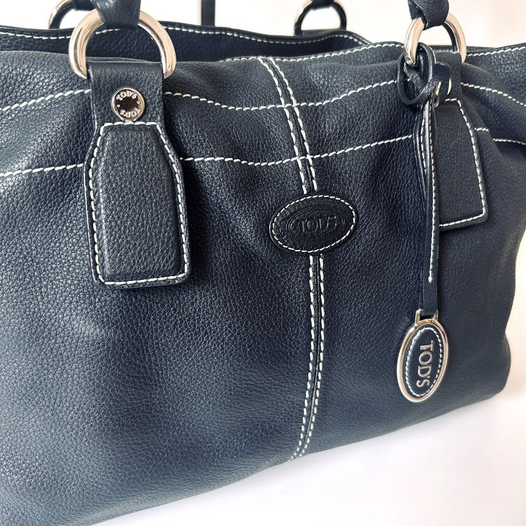 TOD'S Hand Bag Tote Purse Leather Dark Navy Authentic