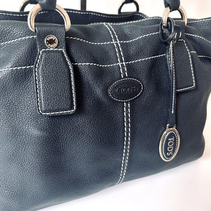 TOD'S Hand Bag Tote Purse Leather Dark Navy Authentic