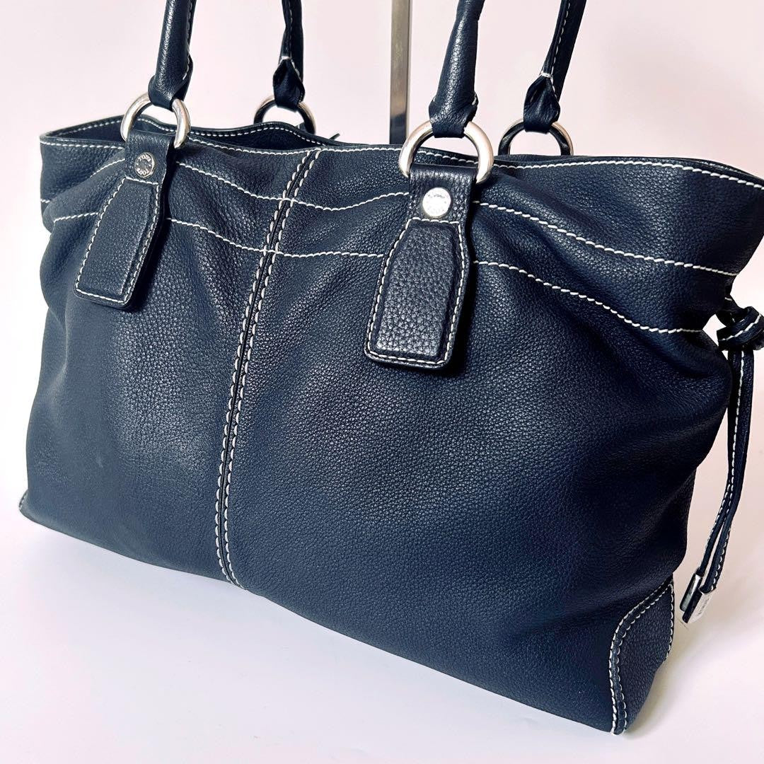 TOD'S Hand Bag Tote Purse Leather Dark Navy Authentic