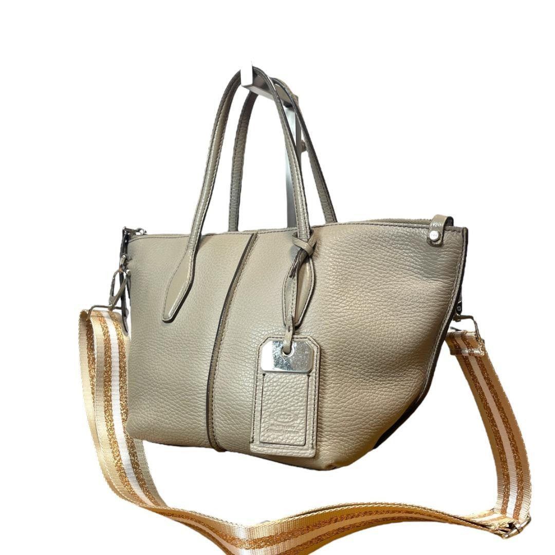 TOD'S Hand Shoulder Bag Tote Purse 2way JOY Leather Greige Authentic