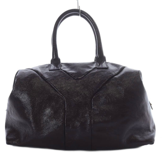 Saint Laurent Boston Hand Bag Tote Purse Y Line Patent Leather Dark Purple Auth