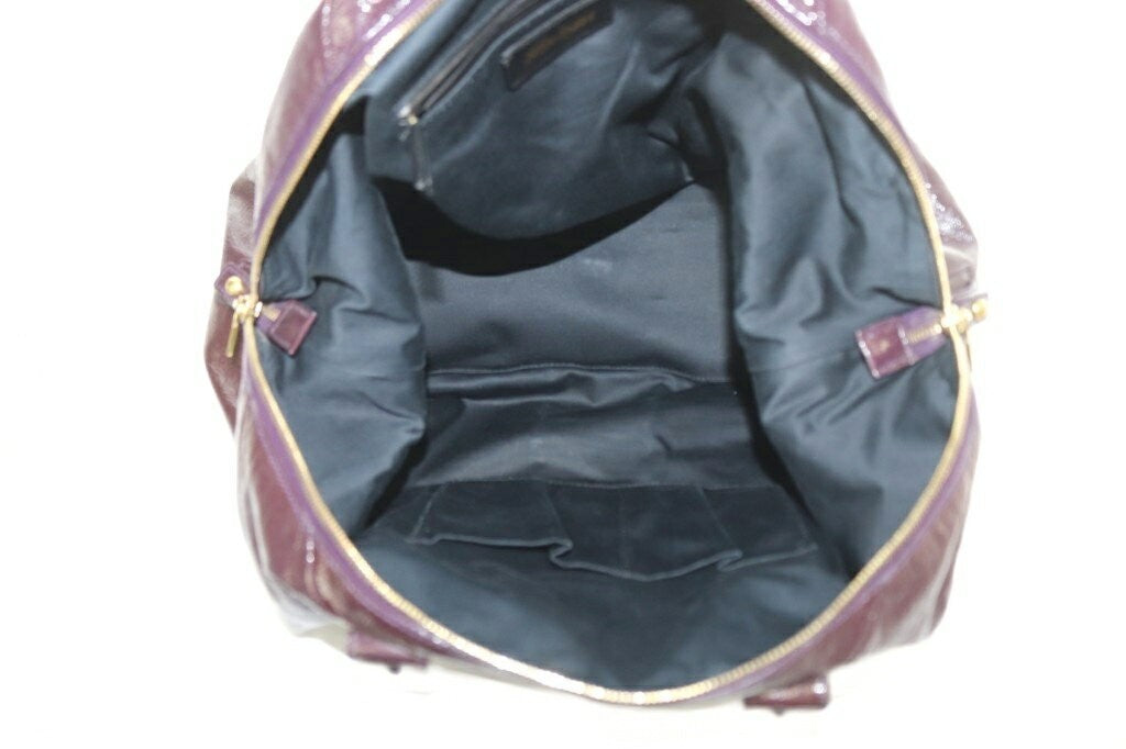 Saint Laurent Boston Hand Bag Tote Purse Y Line Patent Leather Dark Purple Auth
