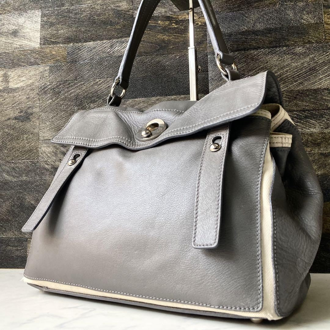 Saint Laurent Hand Bag Tote Purse Muse Toe Canvas Leather Gray Authentic