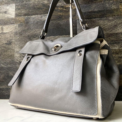 Saint Laurent Hand Bag Tote Purse Muse Toe Canvas Leather Gray Authentic