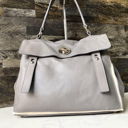 Saint Laurent Hand Bag Tote Purse Muse Toe Canvas Leather Gray Authentic