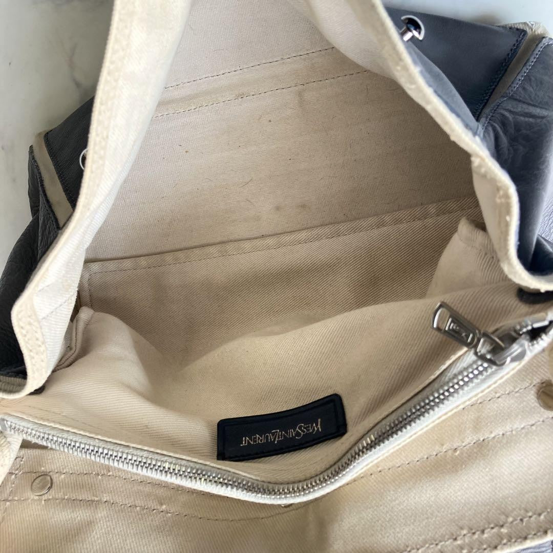 Saint Laurent Hand Bag Tote Purse Muse Toe Canvas Leather Gray Authentic