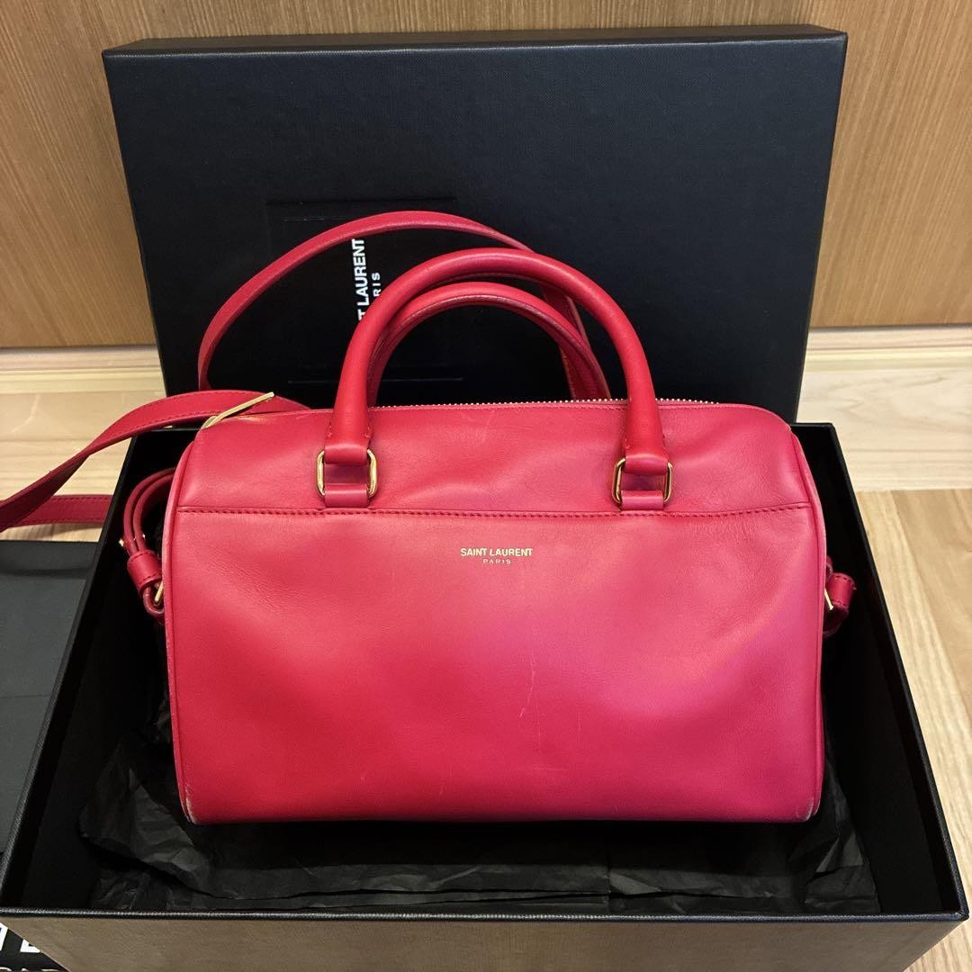 Saint Laurent Shoulder Bag Purse Mini Boston Logo Leather Pink Red Authentic